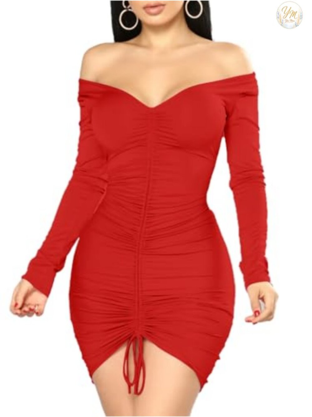 Off Shoulder Long Sleeve Ruched Bodycon Mini Dress Club Night Out